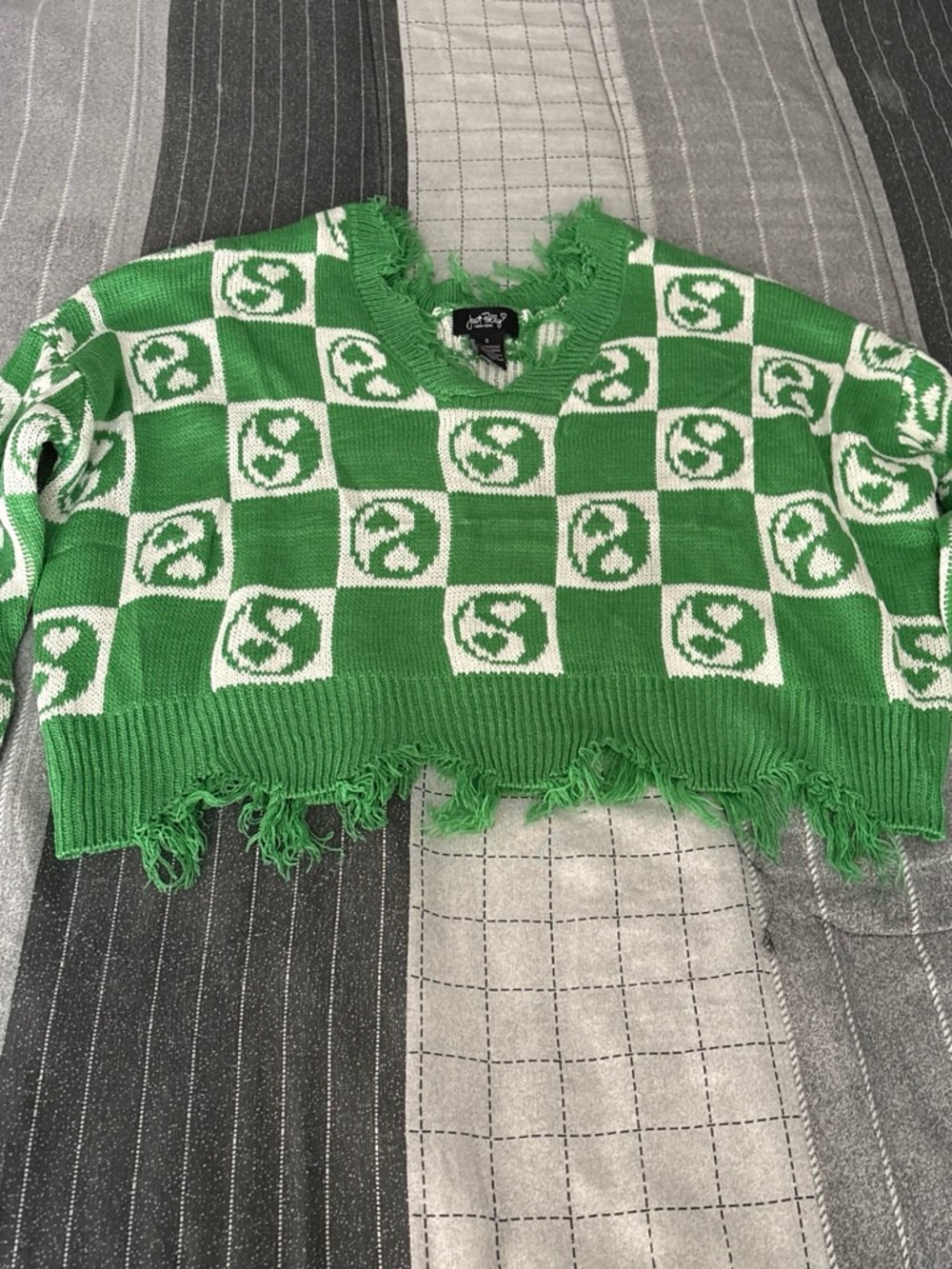 Green Checkerboard Distressed Cropped Sweater